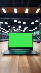Mockup image of laptop with blank green screen on wooden floor in gym