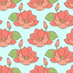 Lake pond pattern with lotus flowers or water lily on a blue background, for packaging, backdrop, backdrop, wallpaper.