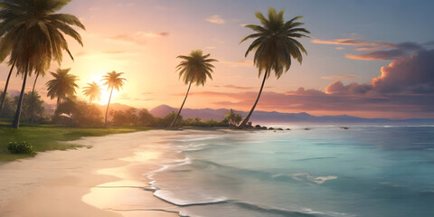 A serene beach at sunset with gentle waves and palm trees