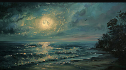 Lights the evening Moon oil painting ..