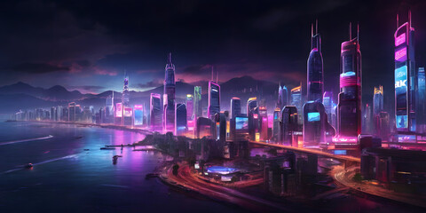 A vibrant cityscape at night, illuminated by neon lights and bursting with activity