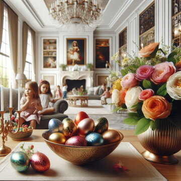 A wonderful aristocratic room where children are
  decorated for the Easter holiday with colorful eggs and flowers