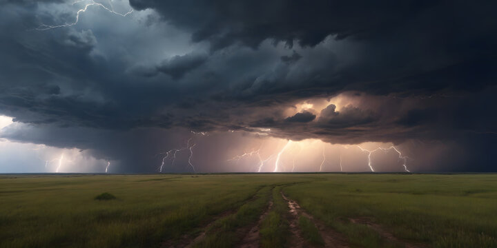 A dramatic thunderstorm over a vast prairie with lightning striking