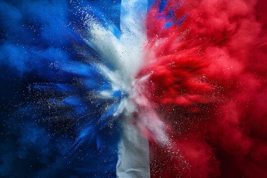 Vibrant French tricolor holi powder explosion on white background, symbolizing celebration and travel in Europe's soccer scene.