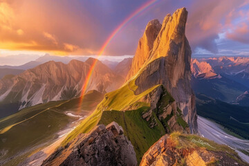A stunning mountain peak bathed in sunset light with a vibrant rainbow arching over it - obrazy, fototapety, plakaty