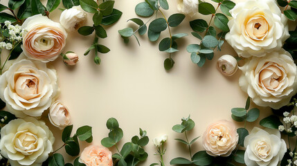 White rose flowers and green leaves arranged in a circular frame on a beige background - obrazy, fototapety, plakaty