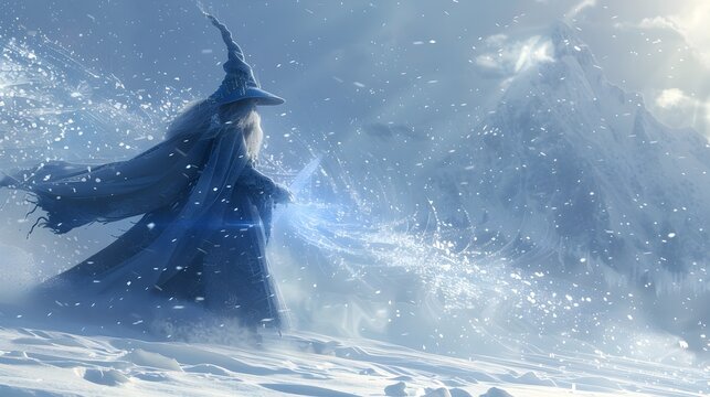 wizard Casting Epic Ice Spell in a Surreal Winter Wonderland