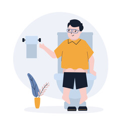 Little boy sitting on the toilet. Cartoon funny preschool kid training to use toilet in restroom isolated on white. Personal hygiene concept.