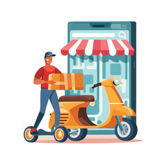 2d vector illustration A courier wearing a shirt is delivering a package mobile with location gps