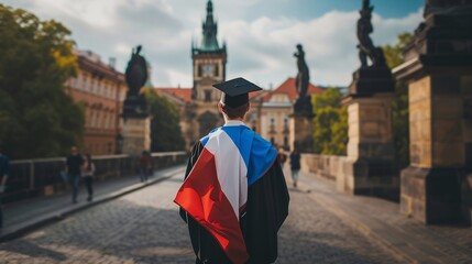 A French graduate holding their national flag.