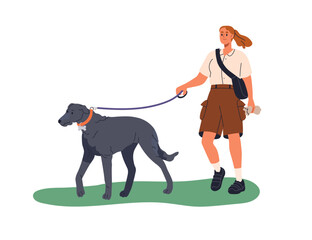 Pet owner walking with dog, leading big doggy on leash. Canine animal walker, woman strolling outdoors with puppy of Scottish deerhound breed. Flat vector illustration isolated on white background - 758688017