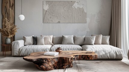 Amazing luxury sofa and rustic live edge coffee table in spacious room. Minimalist home interior design of modern living room in villa - obrazy, fototapety, plakaty