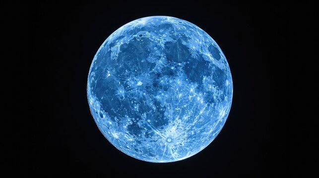Moon Glow - Blue Super Moon in Full Perigee Glowing with Afterglow, Isolated on Black Surface, Nobody in Sight