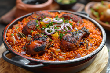 Jollof Rice with Grilled Meat and Garnishes. A bowl of vibrant jollof rice topped with grilled meat and fresh herbs - obrazy, fototapety, plakaty