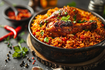 Jollof Rice with Grilled Meat and Garnishes. A bowl of vibrant jollof rice topped with grilled chicken and fresh herbs