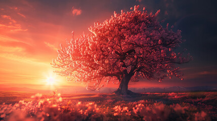 pink tree at sunset in the forest