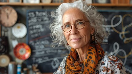 A content senior instructor instructing math in a library, smiling while solving equations on a whiteboard and making eye contact with the viewer.