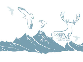 Mountain deer and flying birds. hand drawing. Not AI, Vector illustration