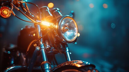 Intense focus on a chrome motorcycle headlamp against a mysterious evening backdrop - obrazy, fototapety, plakaty