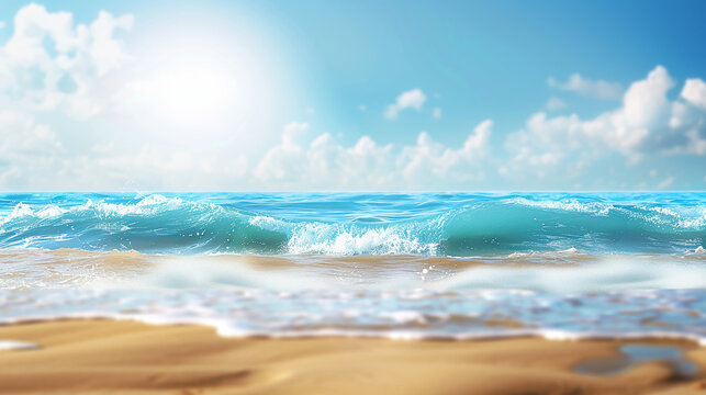 Tropical ocean beach with soft sunlight and skyscape background.