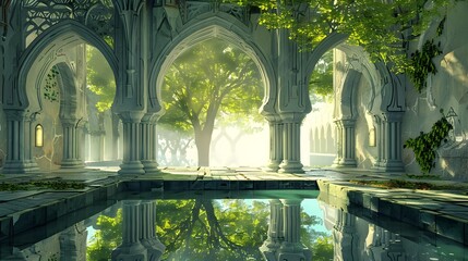 Ethereal Forest Abbey Reflecting on Water, Ideal for Serene Environment Concepts