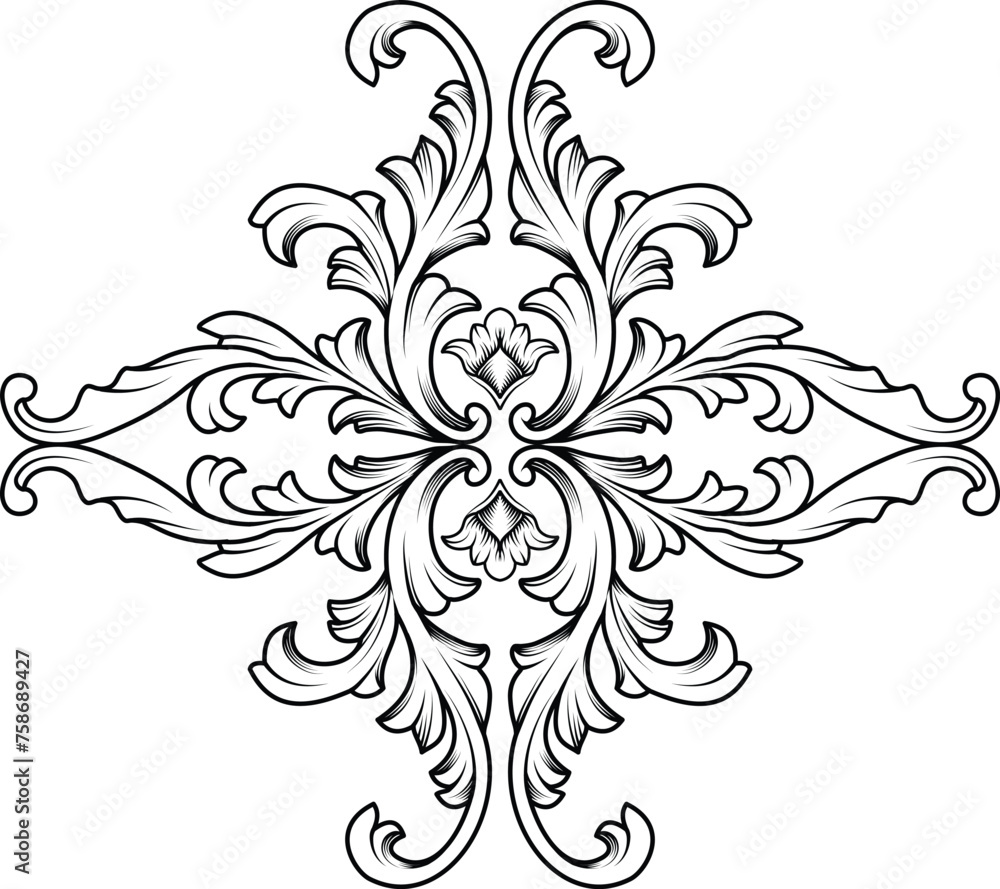 Wall mural victorian engraving ornament vector illustration on transparent background. filigree, damask, border