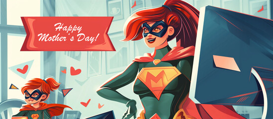 Mother's Day Special: Superhero Mom and Daughter IT experts, Ideal for Empowerment Campaigns, Text "Happy Mother's Day!", Generative AI