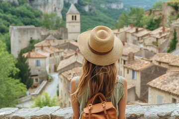 Female traveler admiring scenery of rural French town. - 758689852