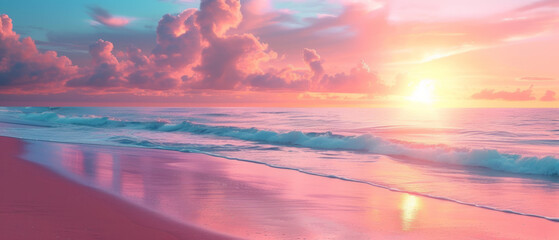 A serene beach scene at sunset, with waves gently lapping the shore under a sky painted with shades of pink, orange, and purple, reflecting the sun's warm glow on the wet sand.
