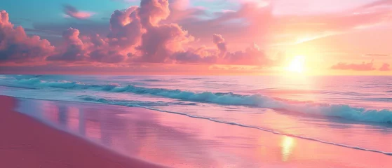 Photo sur Plexiglas Rose clair A serene beach scene at sunset, with waves gently lapping the shore under a sky painted with shades of pink, orange, and purple, reflecting the sun's warm glow on the wet sand.