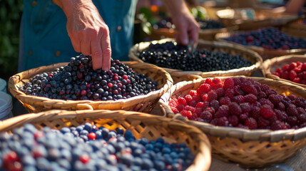 Close up of hands selecting ripe berries from baskets at a market, emphasizing choice and freshness