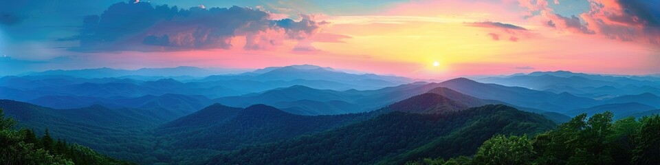 Scenic Summer Sunset in Blue Ridge Mountains Parkway, North Carolina - Idyllic Dusk and Dawn Landscape With Stunning Mountain Scenery - obrazy, fototapety, plakaty