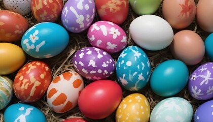 Fototapeta na wymiar Multitude of colorful easter eggs macro background, geometrical, dots, flowers and striped patterns