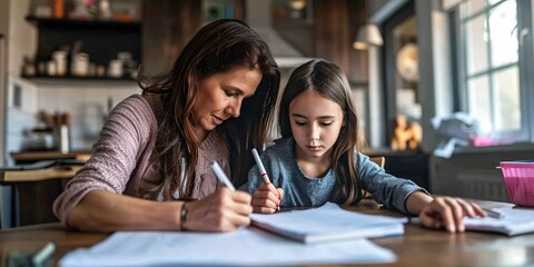 A mother assisting her child with schoolwork at home. - Powered by Adobe