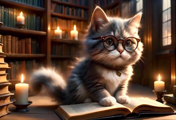 A smart cat with glasses reads a book in the evening in the library, a quiet evening by candlelight.