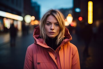 Portrait of a young woman in a red coat on the street at night