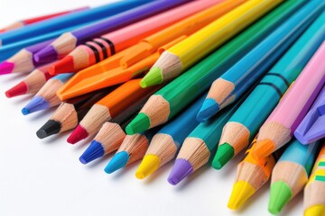 School Supplies Isolated on White Background. Group of Colorful Crayons and Other Supplies Perfect for Back to School and Colouring Fun