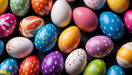 Fototapeta na wymiar Multitude of colorful easter eggs macro background, geometrical, dots, flowers and striped patterns