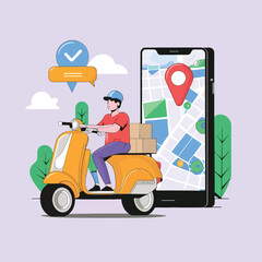 Fototapeta premium 2d vector illustration A courier wearing a shirt is delivering a package mobile with location gps
