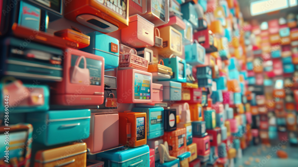 Poster a vibrant array of vintage-style television sets in a variety of colors neatly arranged to form a wa
