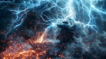 Ancient Sorcerer Casting Powerful Lightning Spells in Epic Fantasy Battle