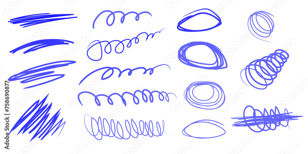 Poster set of hand drawn marker lines and squiggles. vector brush strokes, strikes and swirls. sketchy line