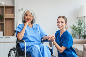 Obraz premium Nurse helping adult woman in hospital offer help and comfort create a welcoming atmosphere with a focus on patient care and wellness. Mature woman, nurse or person with disability in hospital