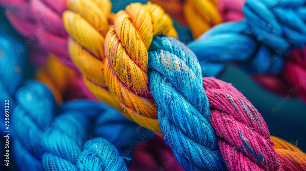 Poster close-up of vibrant multi-colored braided ropes tightly intertwined, showcasing a range of textures 