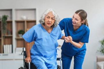 Nurse helping adult woman in hospital offer help and comfort create a welcoming atmosphere with a focus on patient care and wellness. Mature woman, nurse or person with disability in hospital