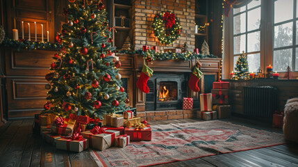 Cozy holiday scene with a beautifully decorated Christmas tree and gifts in a rustic living room. Warm fireplace adorned with stockings