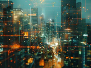 A vibrant cityscape overlaid with glowing data points and lines, symbolizing technology and connectivity.