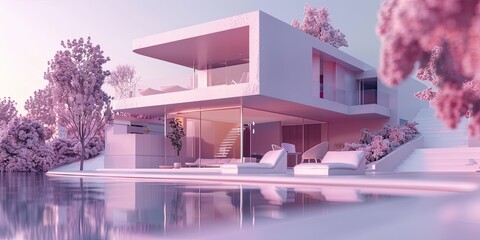 Architecture design of a modern and minimalist villa in pink color