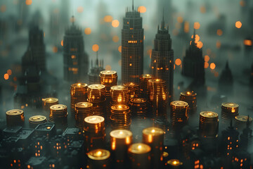 A Bunch of Gold Coins on a Table - obrazy, fototapety, plakaty