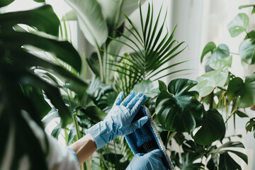 Сropped shot of woman in rubber gloves cleaning houseplant with sponge. AI. - obrazy, fototapety, plakaty
